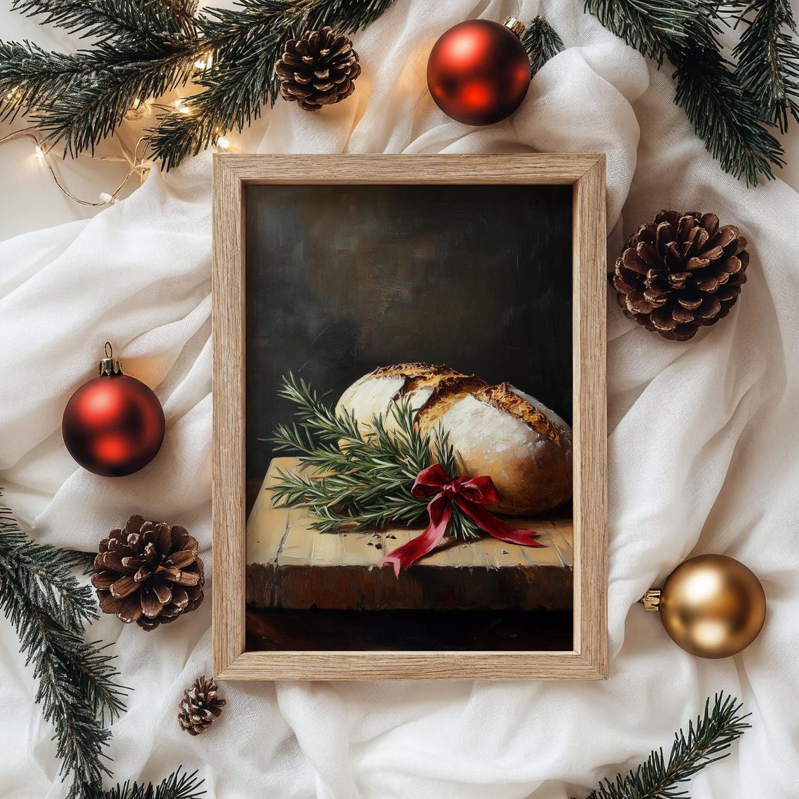 Rustic Bread Loaf With Rosemary And Red Ribbon Holiday Poster - Image 2