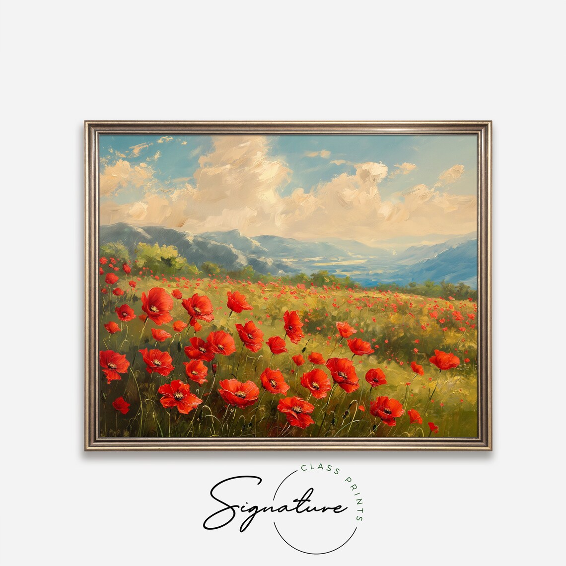Red Poppy Field Oil Painting with Mountains and Cloudy Sky Poster - Image 4