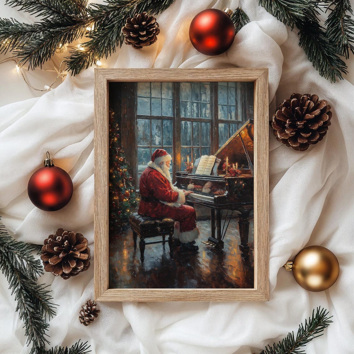 Santa Claus Playing Grand Piano Candlelit Christmas Night Poster - Image 3