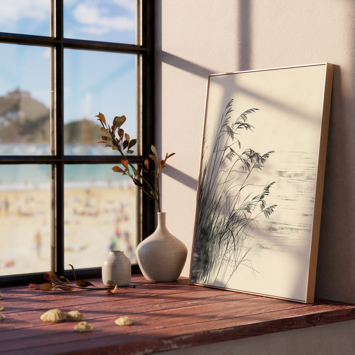 Tall Riverbank Grasses Swaying In Wind Monochrome Sketch Poster - Image 5