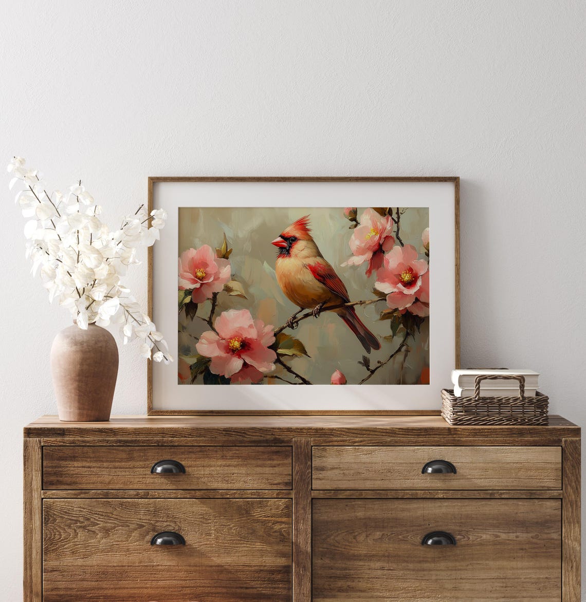 Cardinal With Warm Red Tones Among Pink Camellia Blooms Poster - Image 2