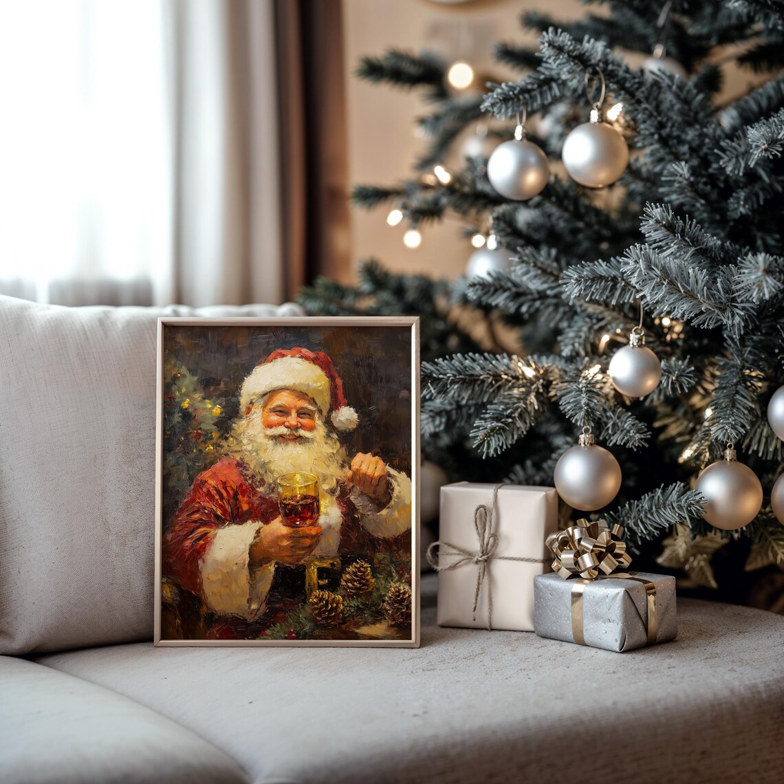 Smiling Santa Claus Holding Hot Drink Christmas Oil Painting Print - Image 5