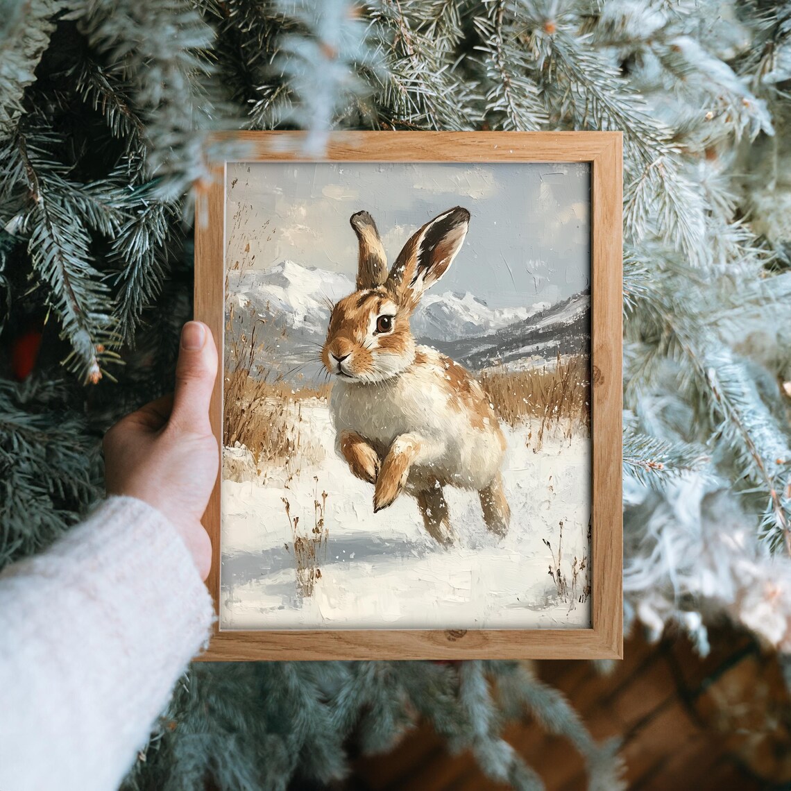 Hare Running Snow Mountain Winter Wildlife Woodland Animal Painting Poster - Image 6