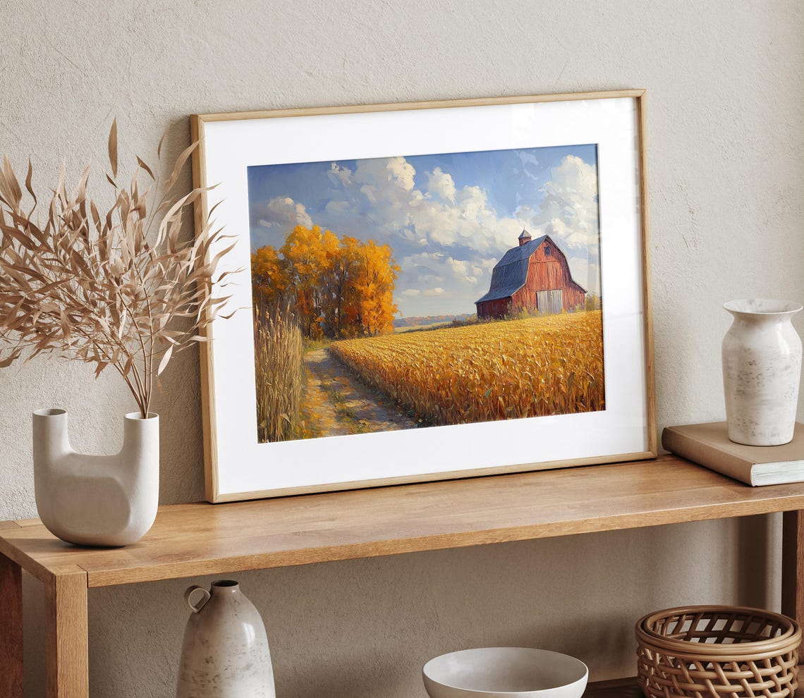 Red Barn Cornfield Autumn Treeline Dirt Path Harvest Scene Poster - Image 5