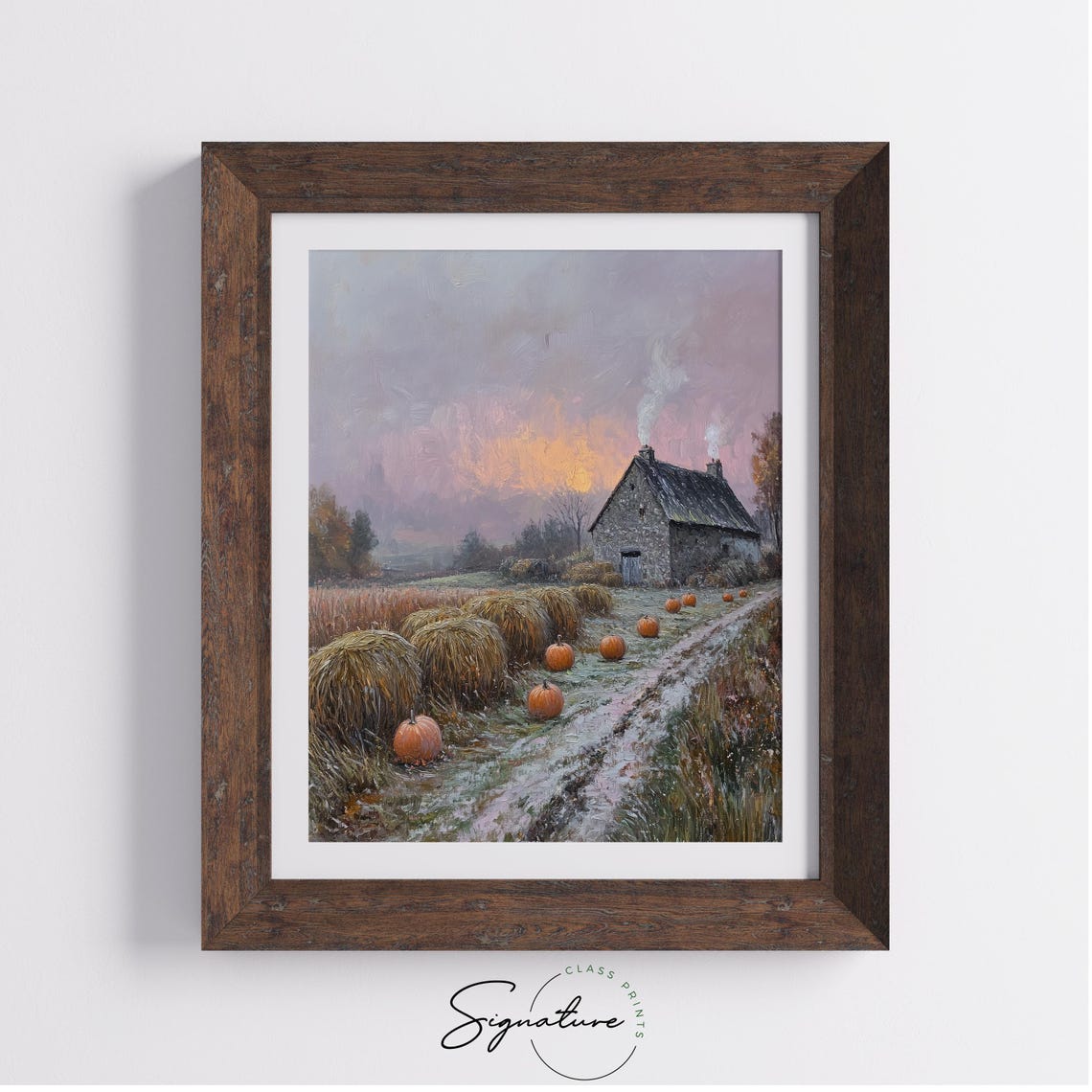 Stone Barn at Dawn With Hay Bales Pumpkins and a Smoky Chimney Poster - Image 4