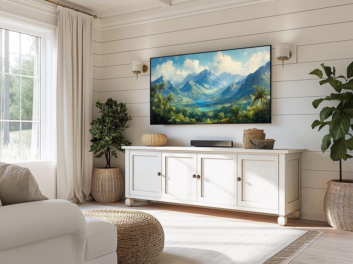 Tropical Palm Valley With Blue Mountain Lake Lush Frame TV Wall Art - Image 5
