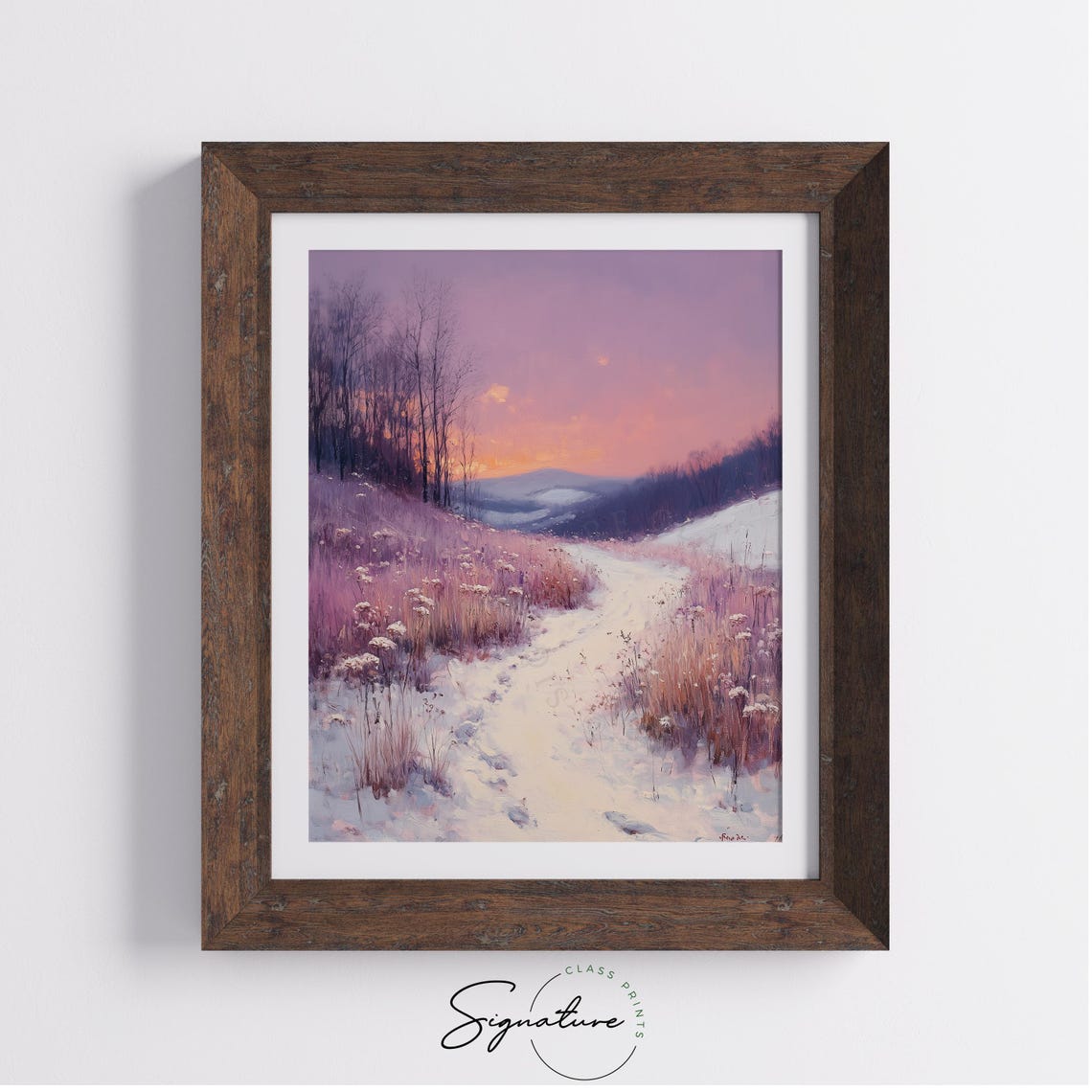 Snowy Hillside Path Purple Evening Glow Winter Landscape Poster - Image 2