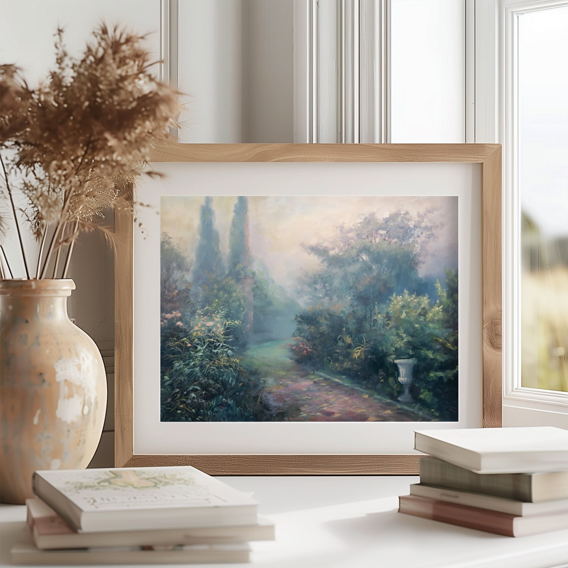 Misty Garden Morning With Cypress Trees Romantic Impressionist Poster - Image 2