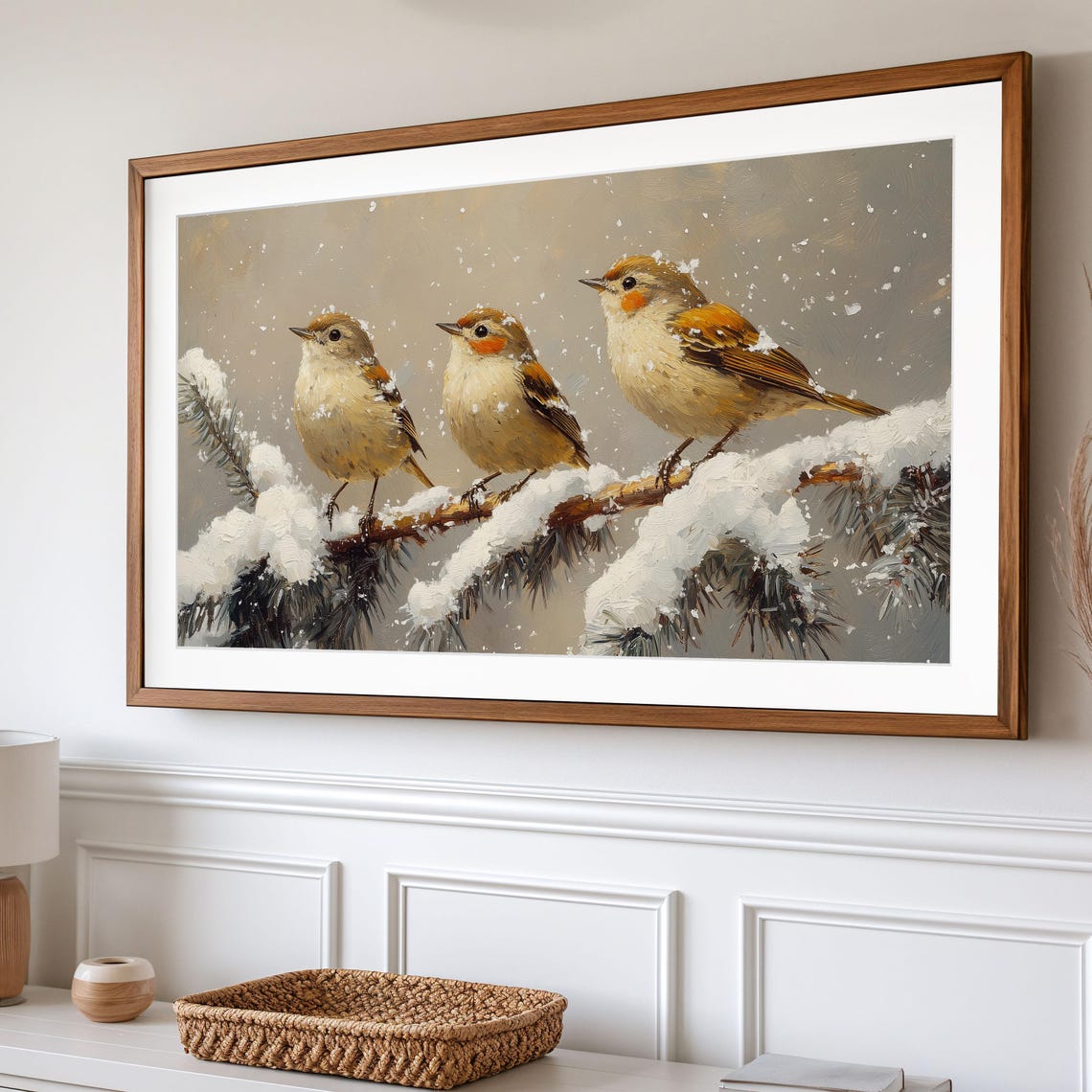 Three Goldcrests on Snowy Branch in Falling Snow Winter Poster - Image 2