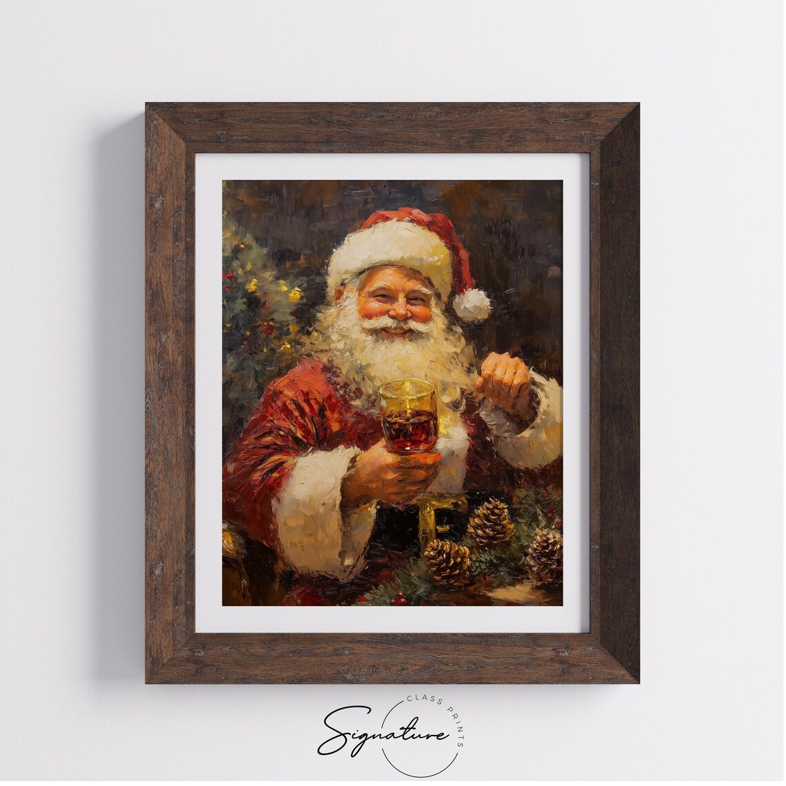 Smiling Santa Claus Holding Hot Drink Christmas Oil Painting Print - Image 3