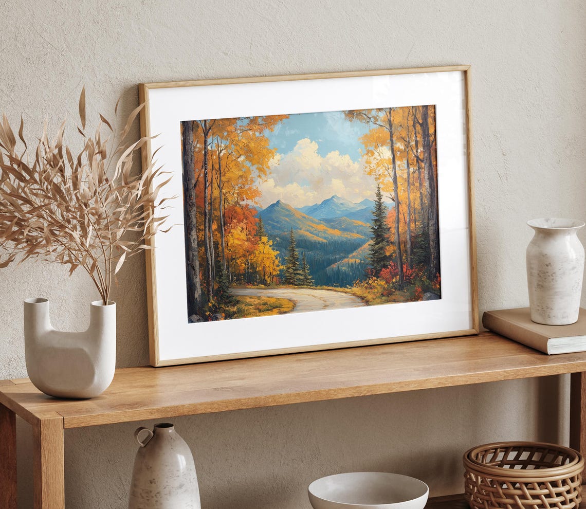Autumn Forest Path Mountain View Oil Painting Fall Foliage Poster - Image 4
