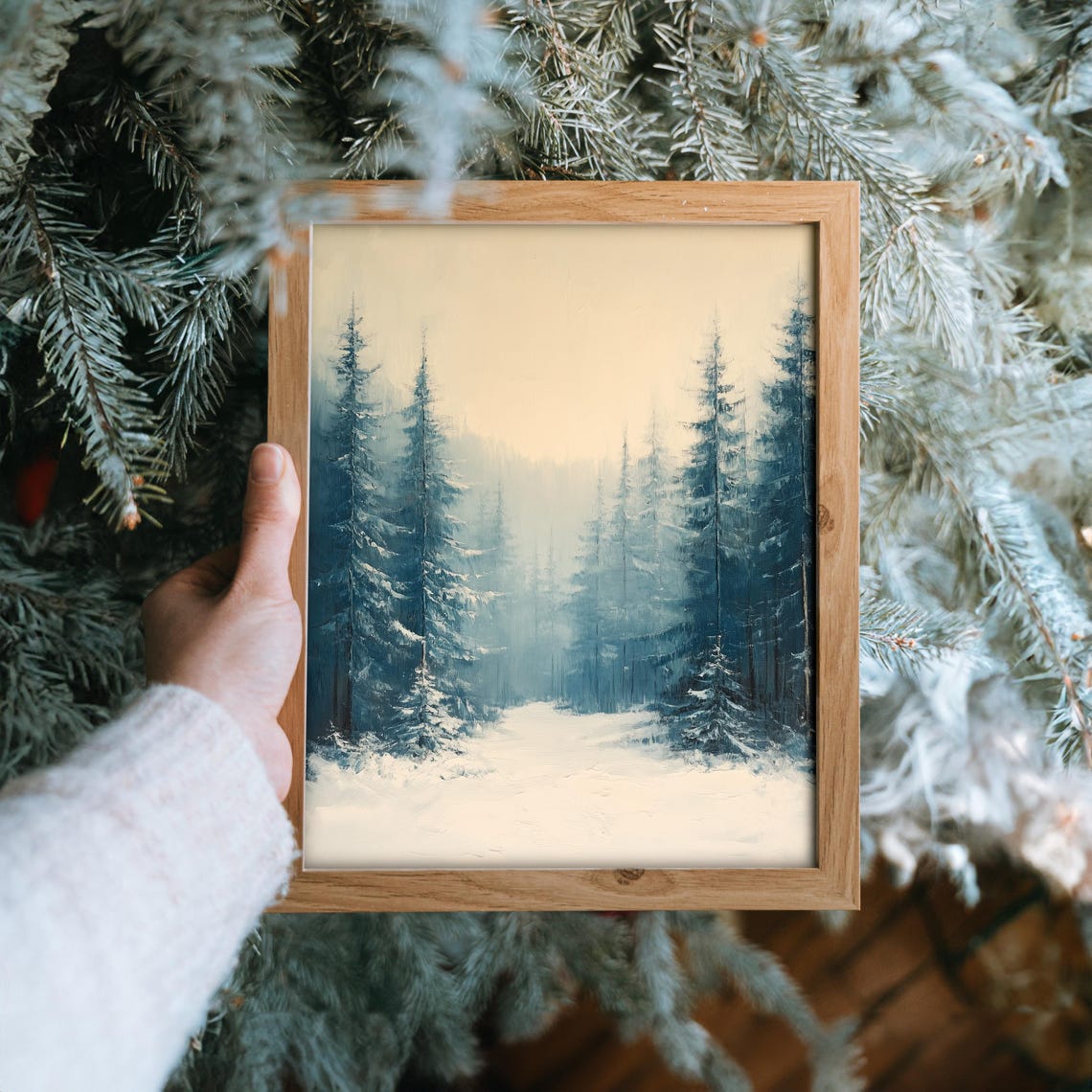 Misty Winter Pine Forest with Blue Green Treetops and Snow Poster - Image 6