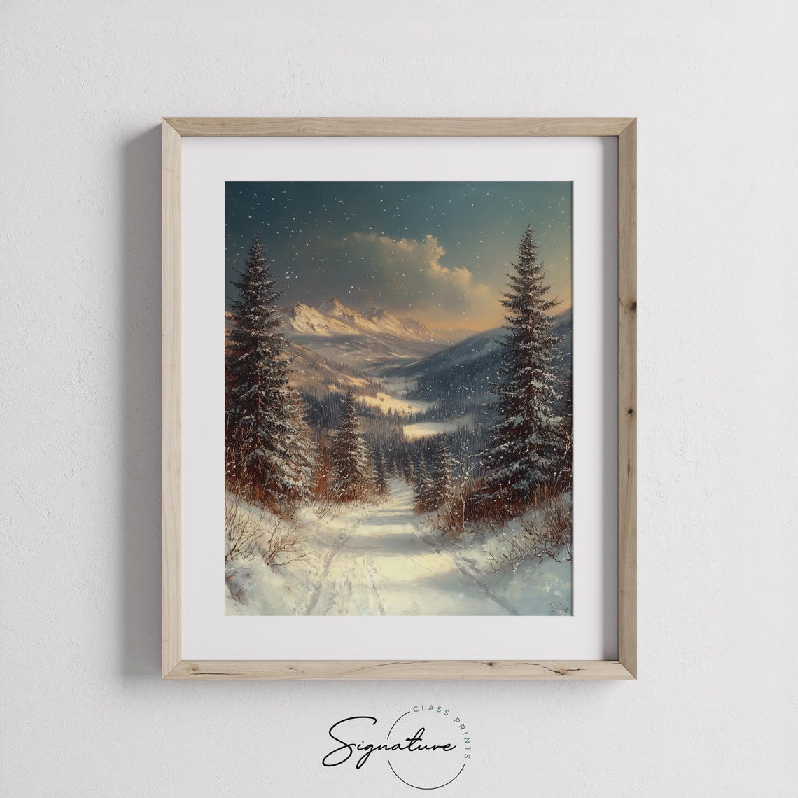 Snow Covered Mountain Valley Framed By Tall Pine Trees Poster - Image 2