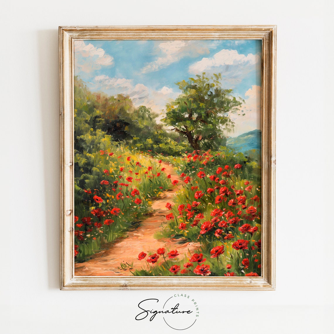 Winding Poppy Field Path Under Sunlit Sky Summer Wildflower Poster