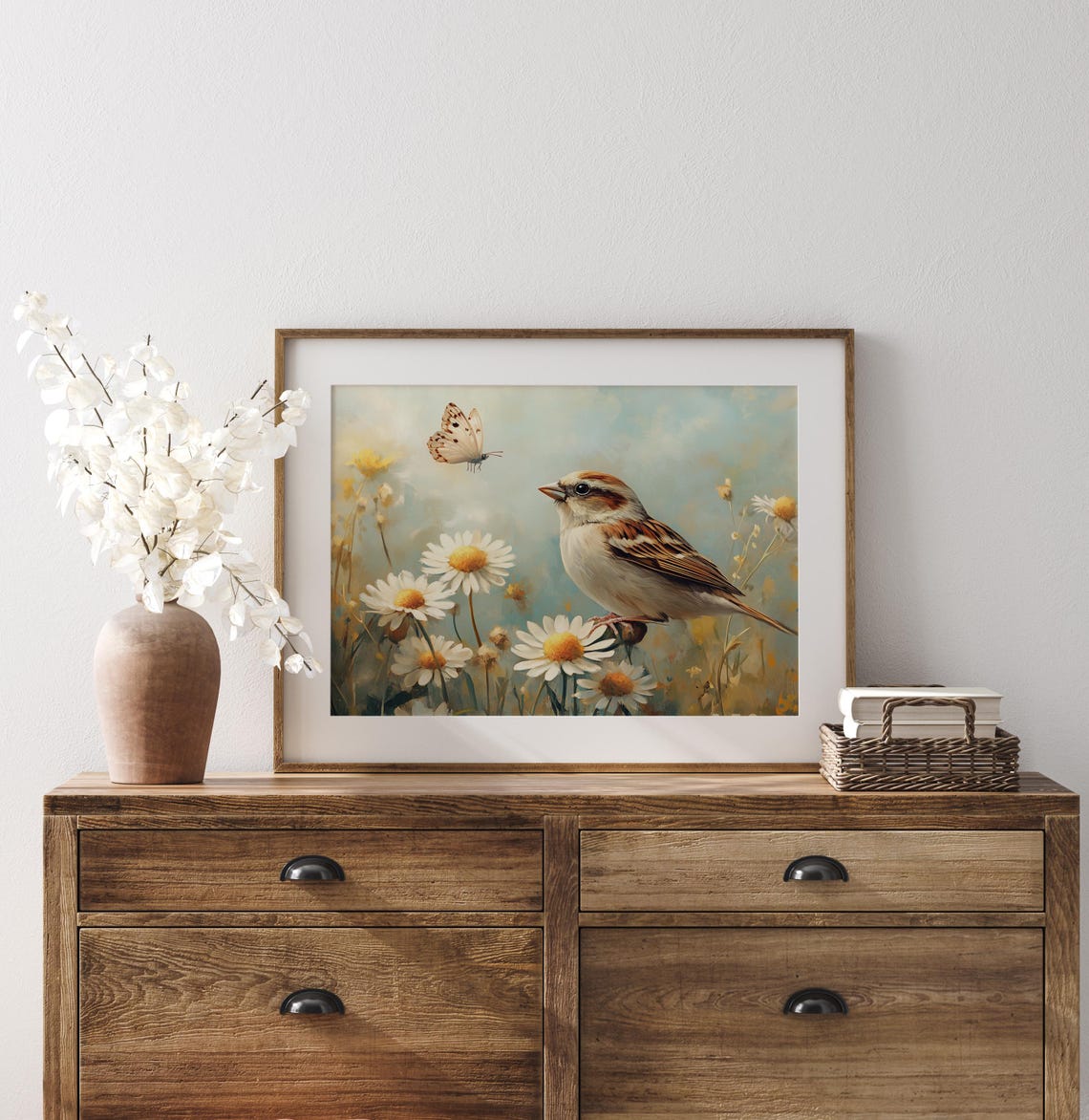 Sparrow Amid White Daisies With Butterfly Sunny Spring Garden Poster - Image 2