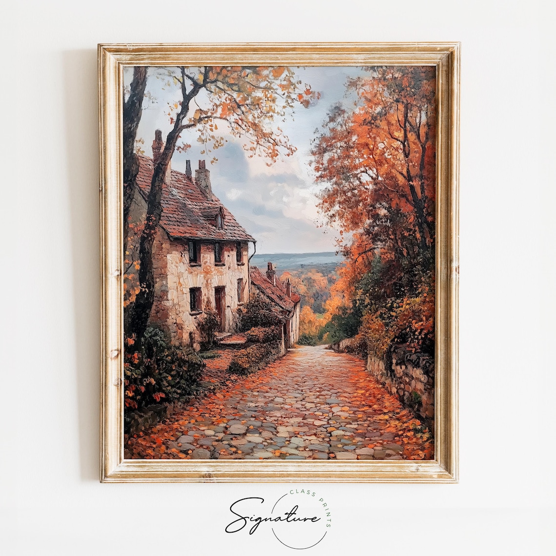 Cobblestone Village Lane Autumn Stone Cottage Fall Landscape Art Poster