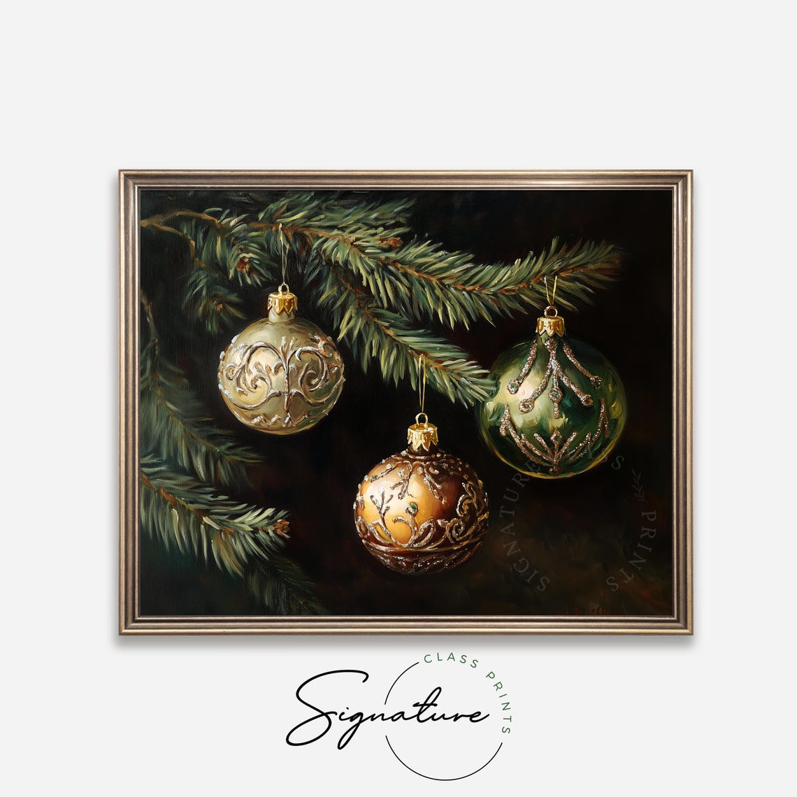 Three Gilded Vintage Ornaments Hanging On An Evergreen Branch Poster - Image 4