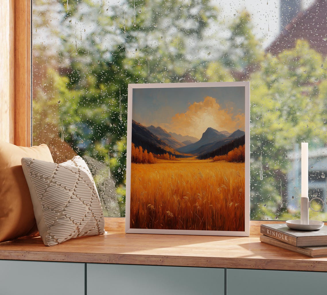 Golden Grass Meadow At Sunset Between Majestic Blue Mountains Poster - Image 2
