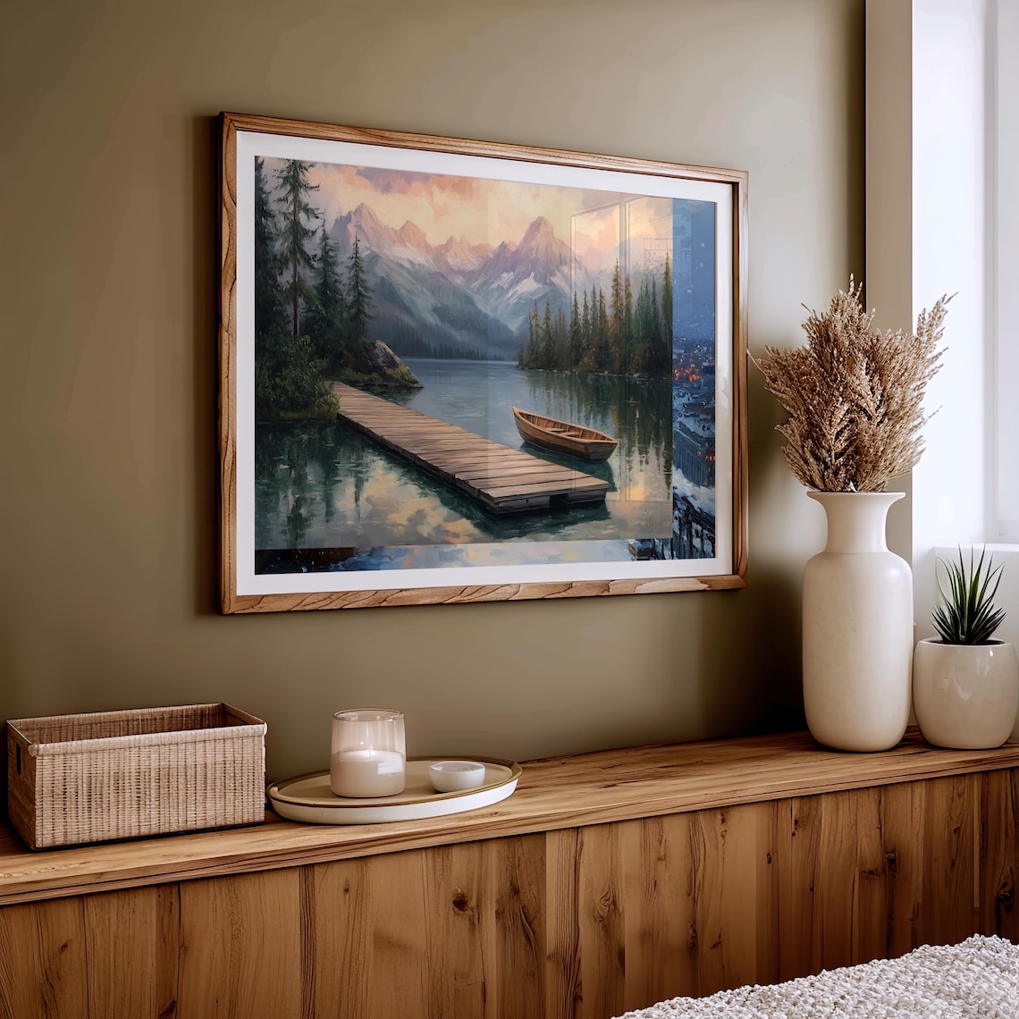 Alpine Lake Wooden Dock Rowboat Snowy Peaks Sunrise Landscape Painting - Image 5