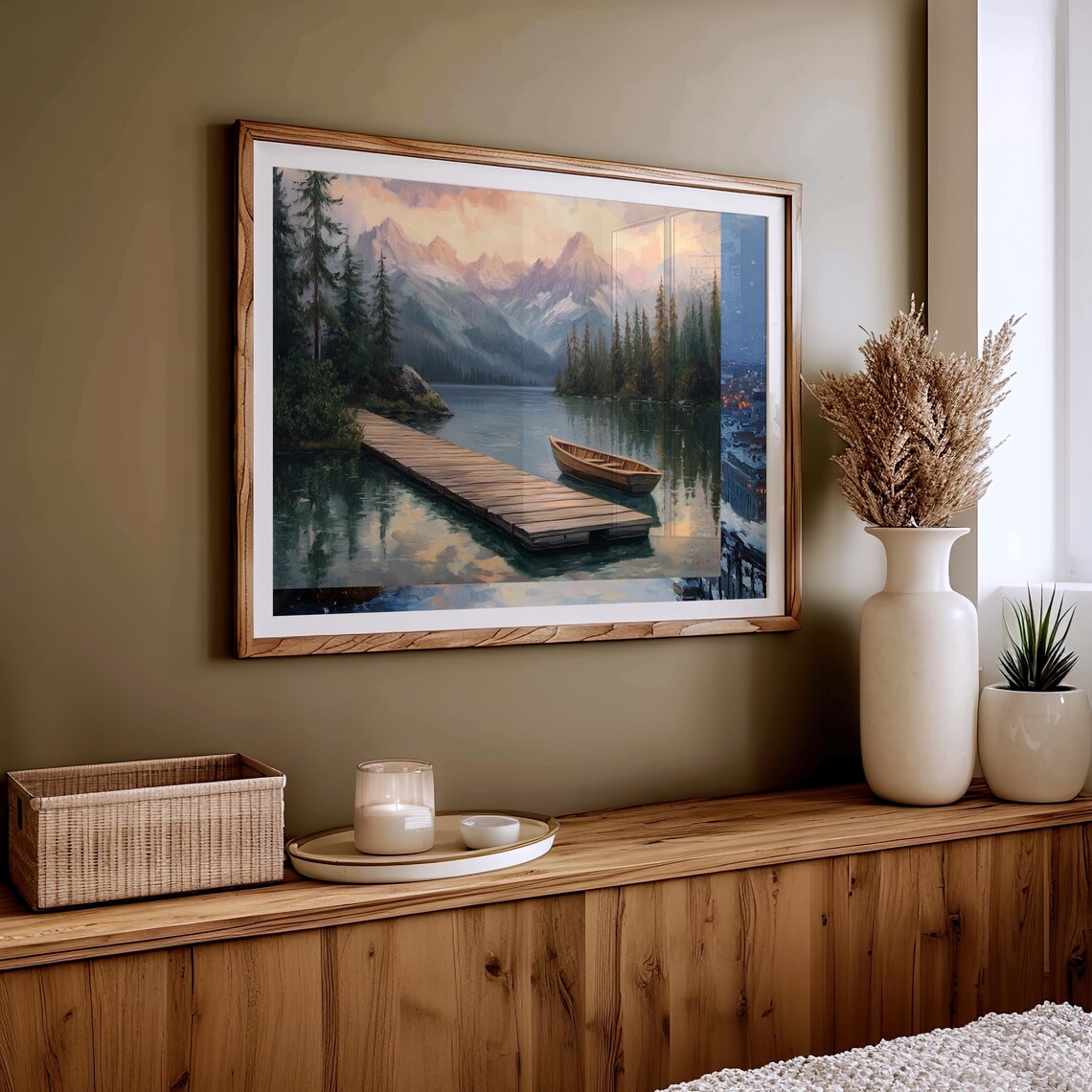 Swiss Lakeside Dock With Mountain View Tranquil Cottagecore Landscape Painting Rustic Nature Wall Art Earthy Artwork 3609 - Image 5