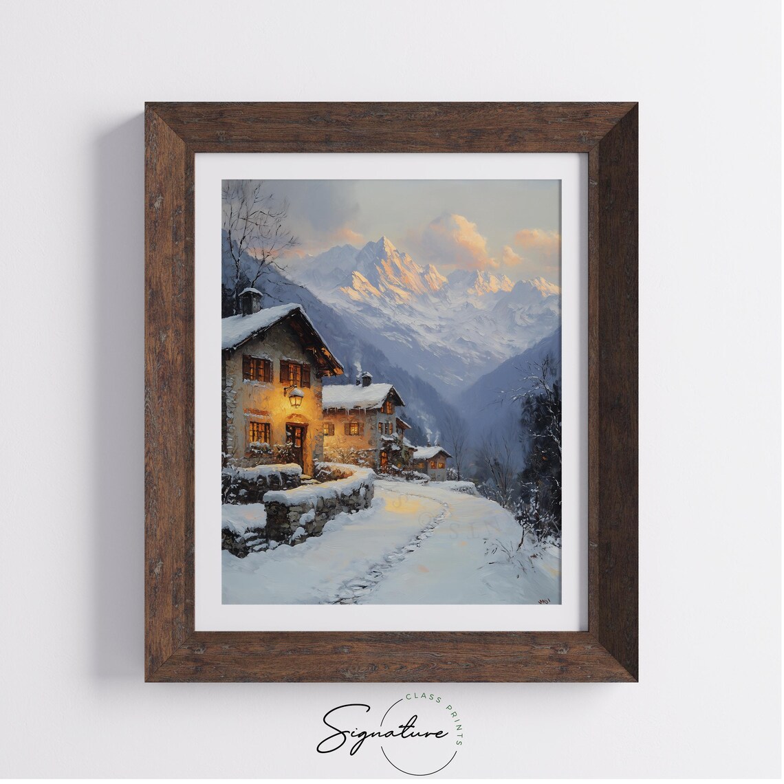 Alpine Village with Snowy Mountain Peak at Golden Sunset Poster - Image 3