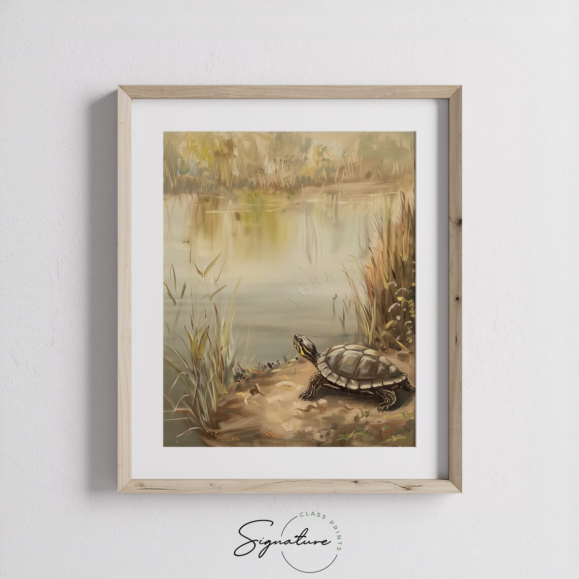 Morning Turtle By The Lake Basking Wildlife Painting Wall Art - Image 3