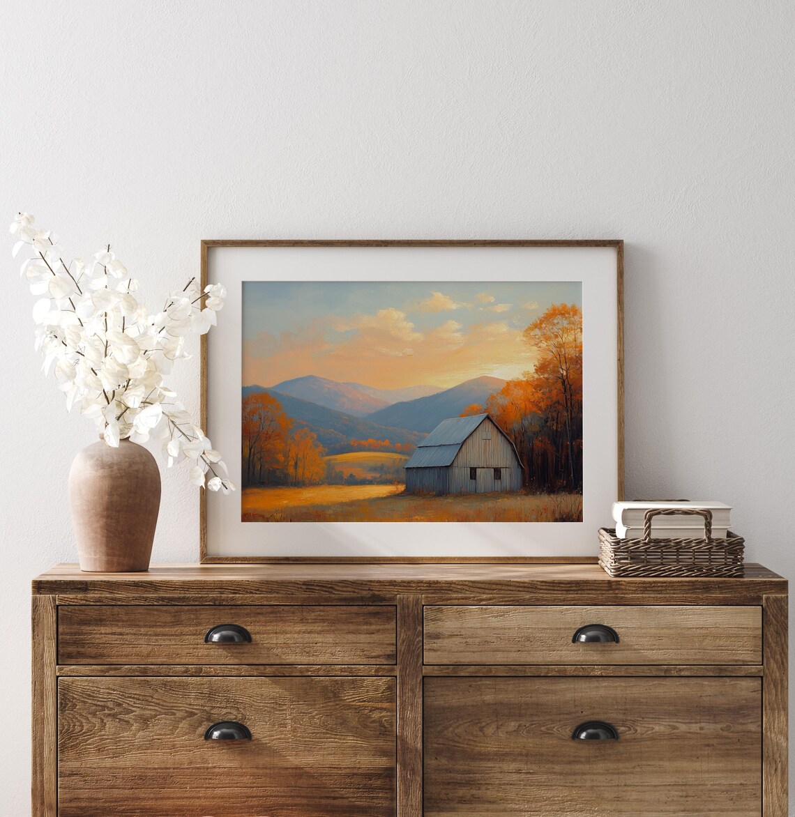 Gray Barn Golden Meadow Sunset Mountains Oil Painting Poster - Image 3