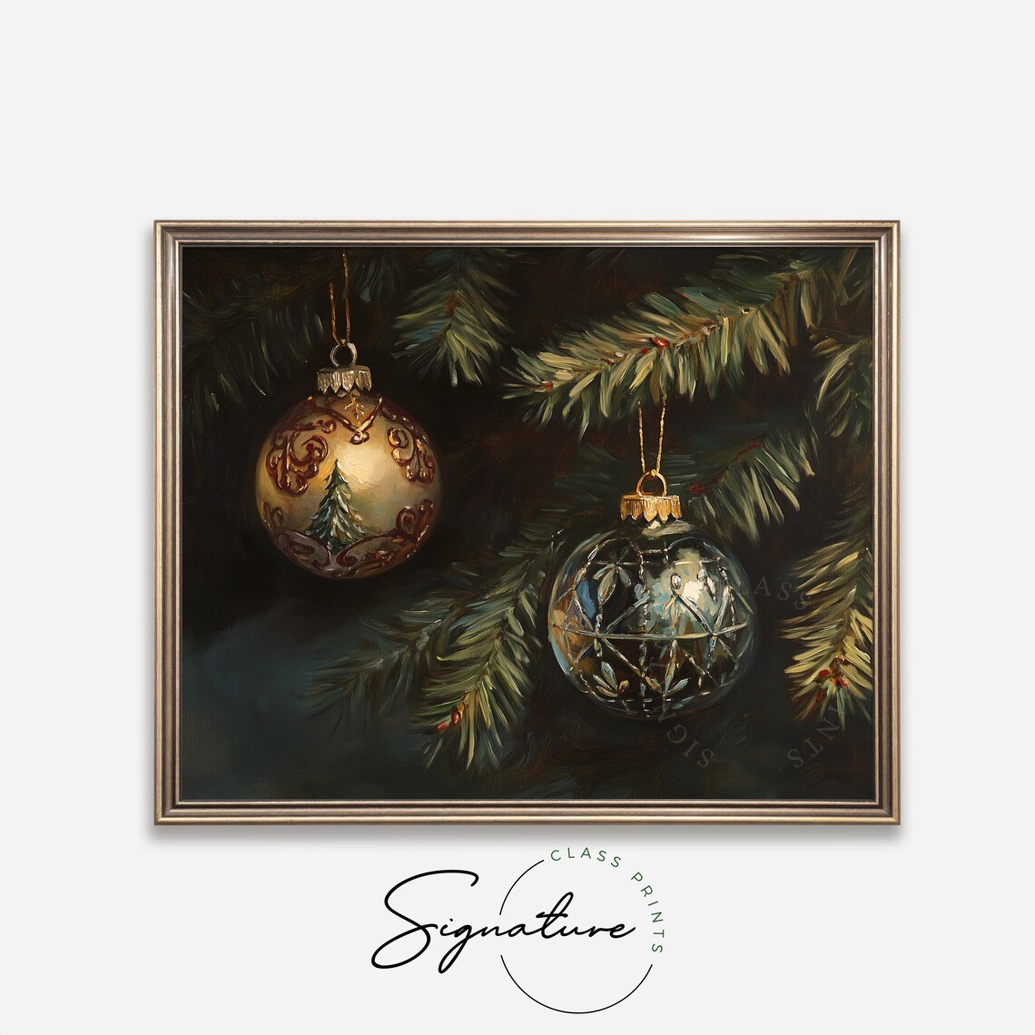 Two Antique Glass Christmas Baubles On A Dark Pine Branch Poster - Image 4