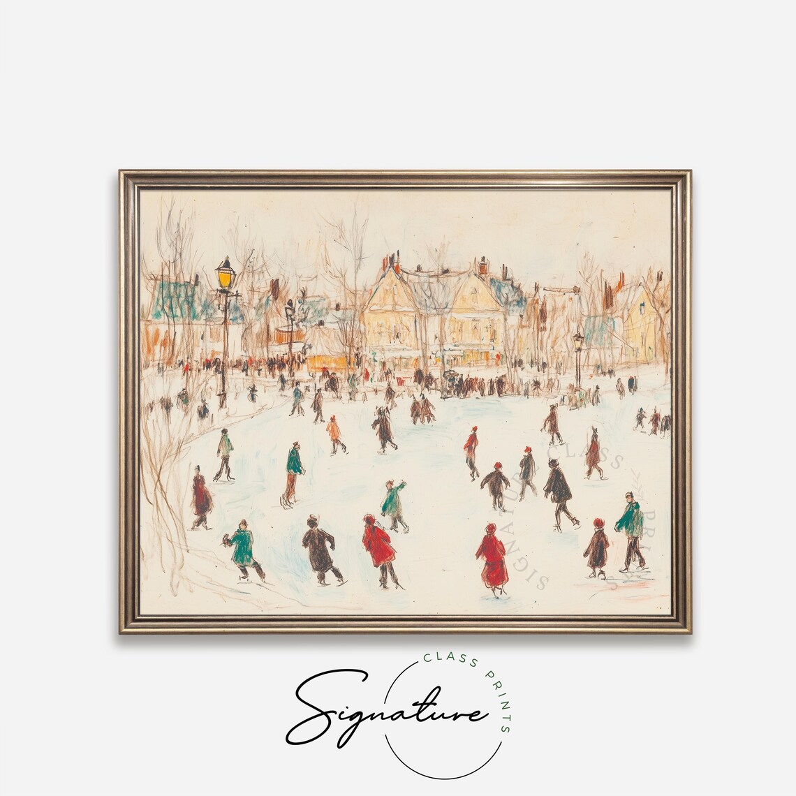 Village Ice Skating Scene With Colorful Sketch Figures Winter Poster - Image 4