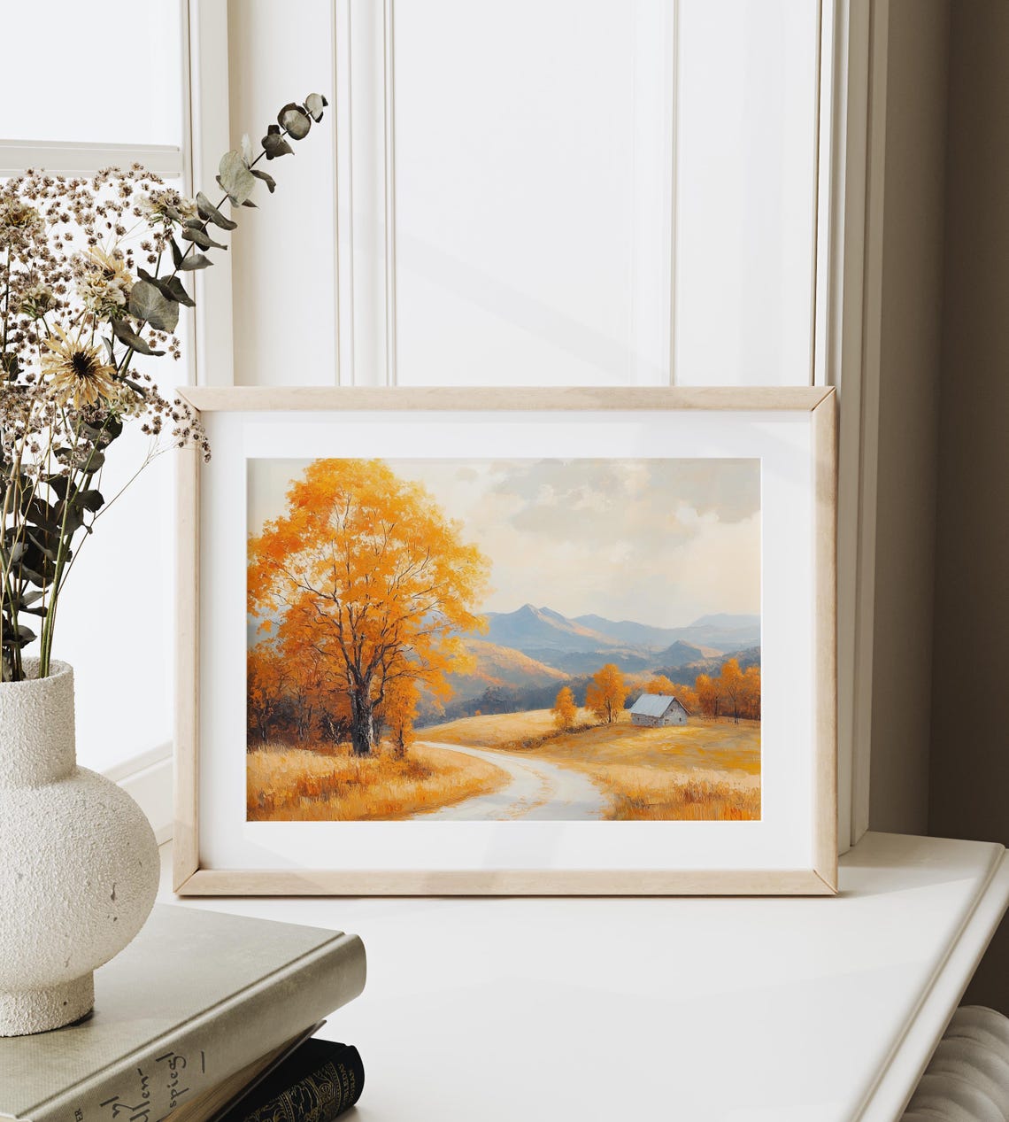 Golden Tree Country Road White Barn Oil Painting Autumn Poster - Image 6