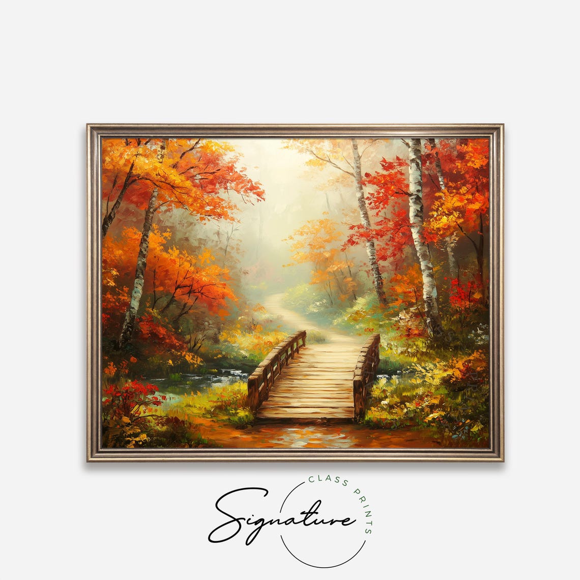 Misty Forest Path With Wooden Bridge Over Stream Autumn Poster - Image 4
