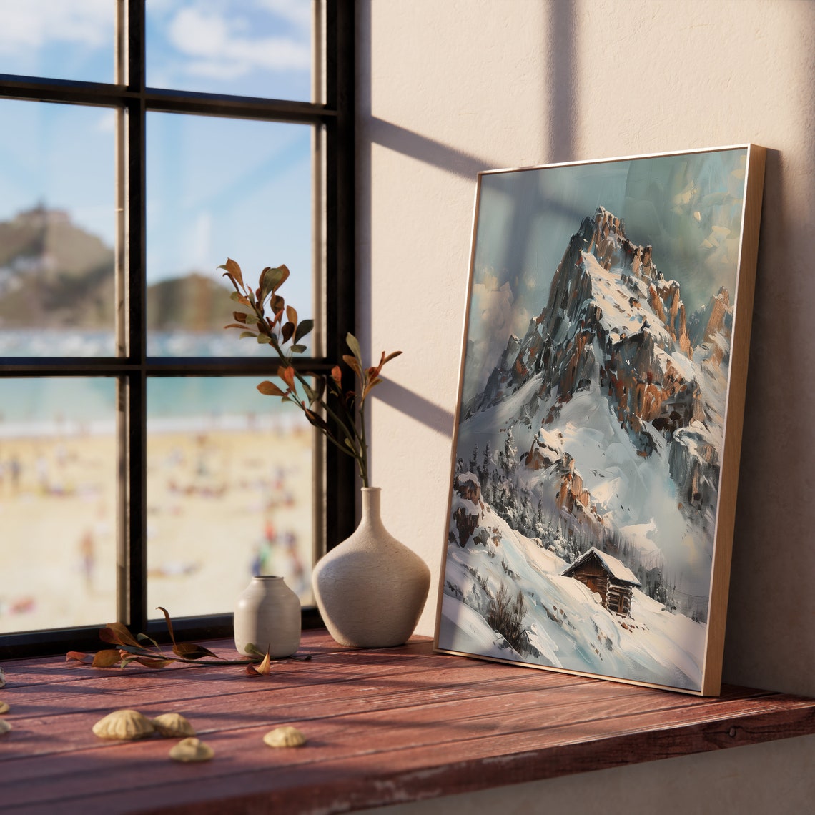 Snowy Alpine Mountain Peak Log Cabin Winter Landscape Poster - Image 5