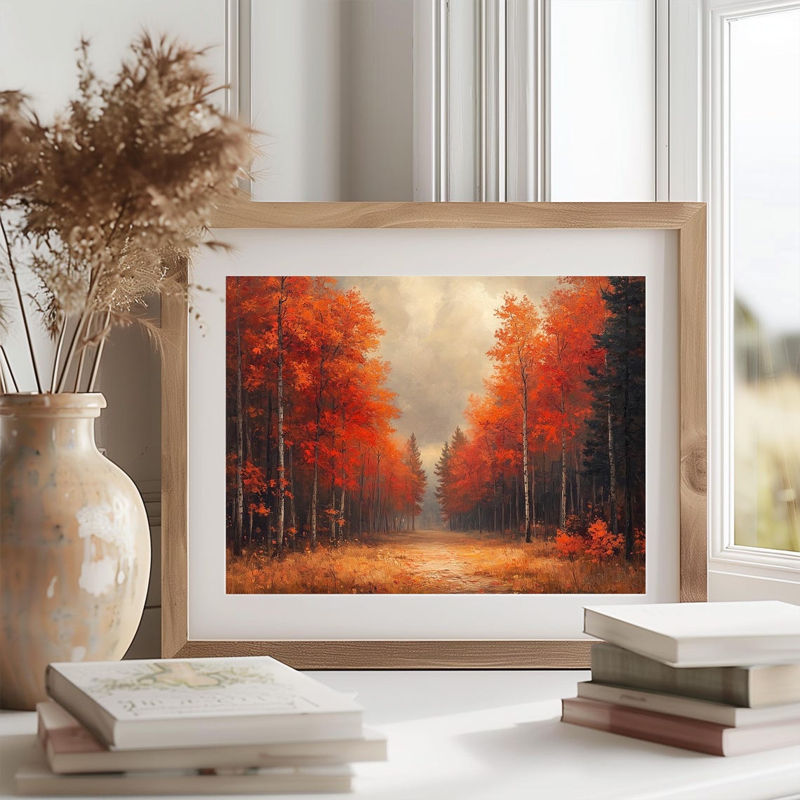 Forest Path Lined with Brilliant Red and Orange Autumn Trees Poster - Image 2