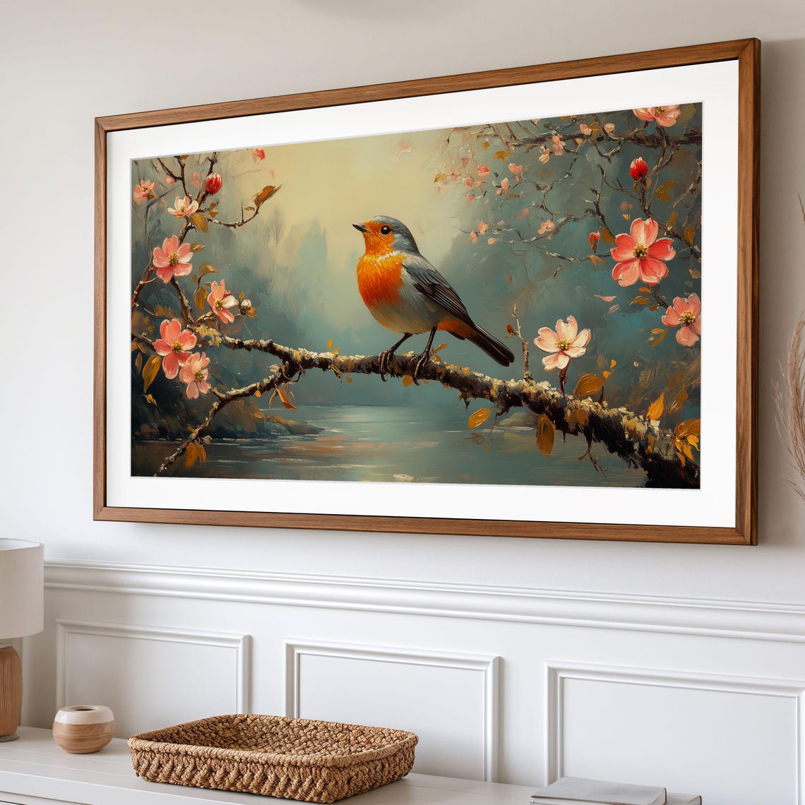 Robin On Flowering Branch Over Misty River Spring Nature Poster - Image 2