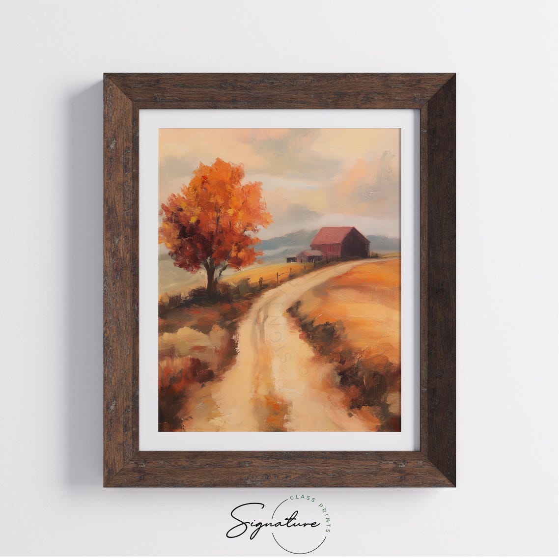 Autumn Country Road Red Tree Distant Barn Golden Hazy Light Poster - Image 4