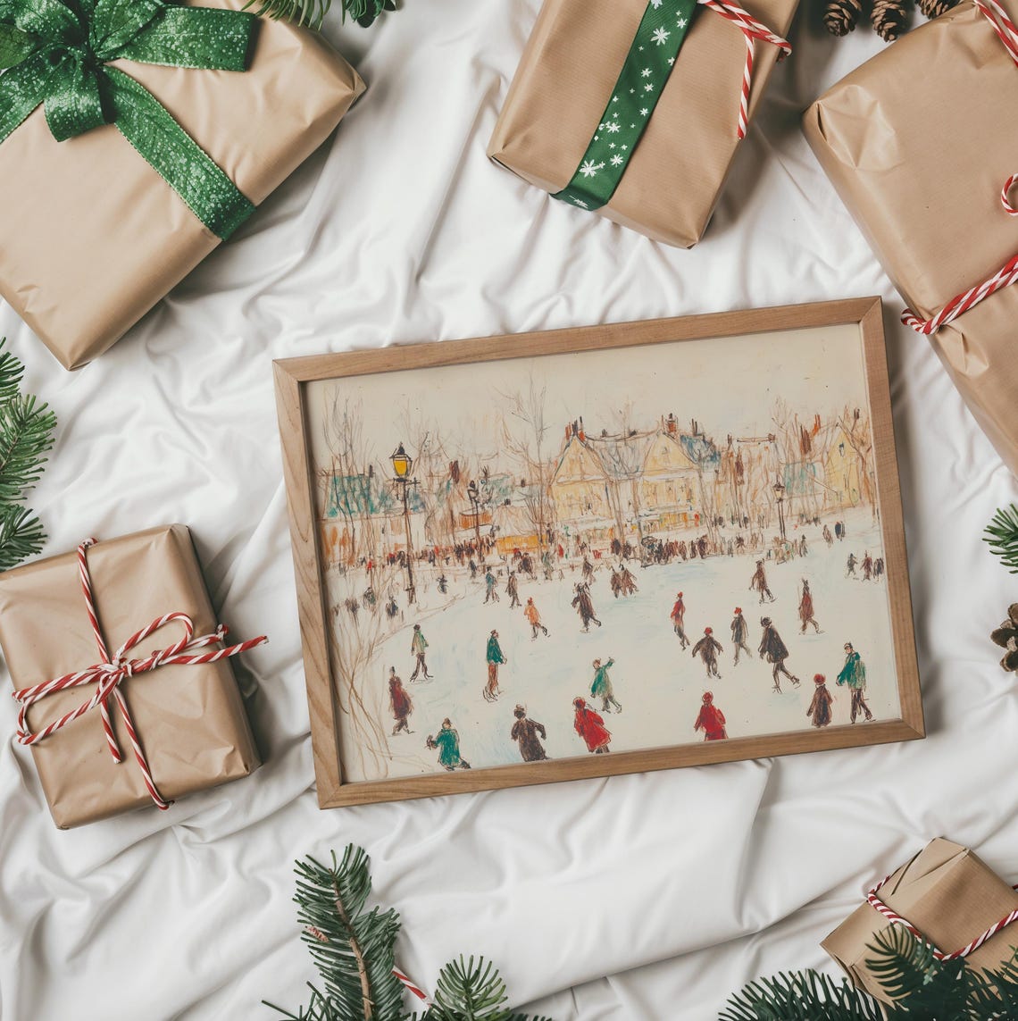 Village Ice Skating Scene With Colorful Sketch Figures Winter Poster - Image 2