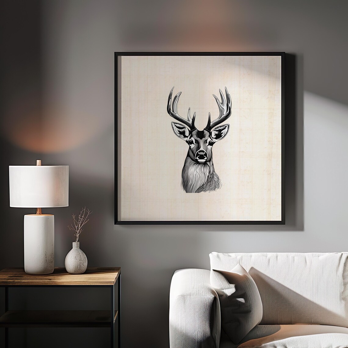 Majestic Buck Deer Head Black and White Woodland Sketch Poster