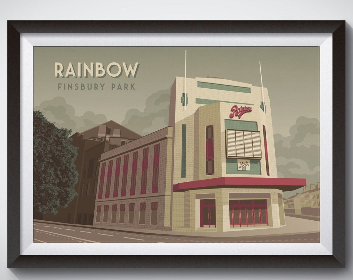 Rainbow Finsbury Park London Poster Rainbow Theatre Music Venue London Architecture The Beatles Vintage Travel Print Art Deco Building