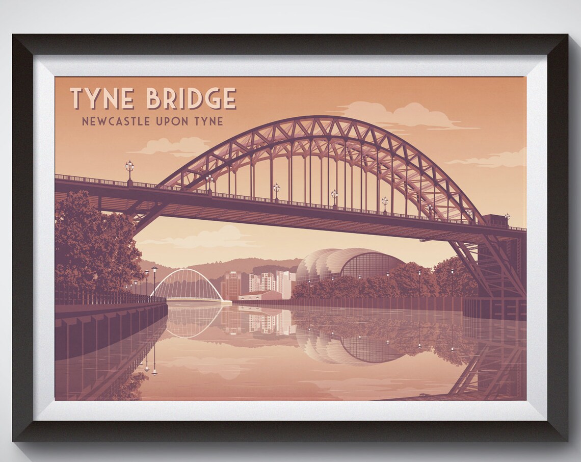 Tyne Bridge Newcastle Upon Tyne Sunset Vintage Travel Poster