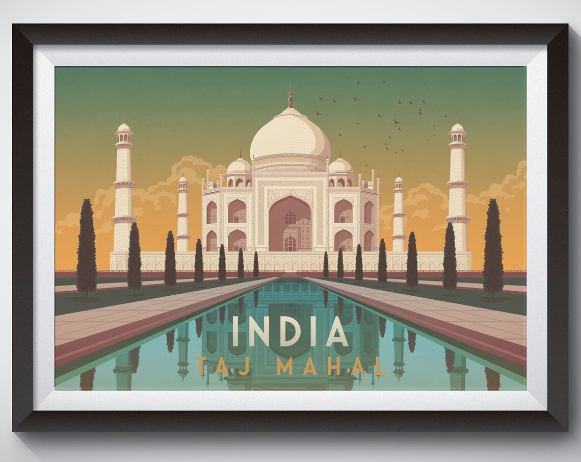 India Taj Mahal Agra Reflection Sunset Vintage Travel Poster