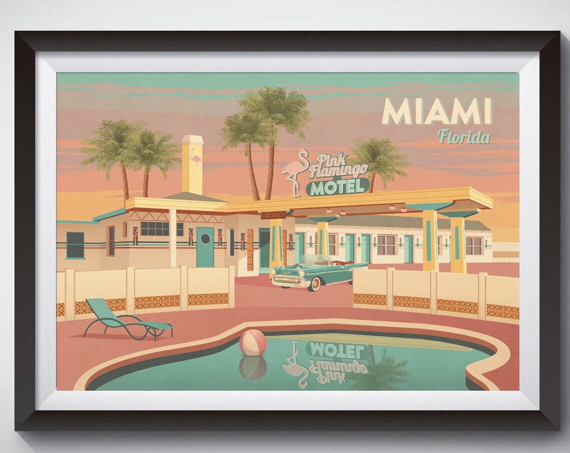 Miami Pink Flamingo Motel Retro Florida Americana Motel Poster