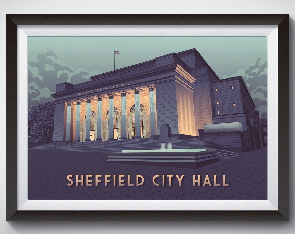 Sheffield City Hall Columns at Dusk Architecture Travel Poster