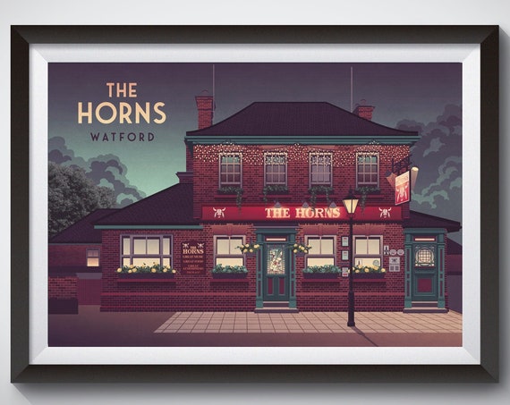 The Horns Watford Poster Live Music Art Pub Architecture Print Hornets Wfc Cassiobury Park Hertfordshire Vicarage Road Vintage