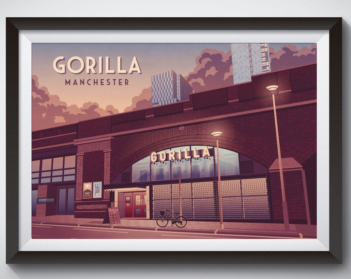 Gorilla Manchester Poster Music Venue Club Vintage Travel Print Railway Arches Live Music Deaf Institute Retro Wall Art Brickhouse