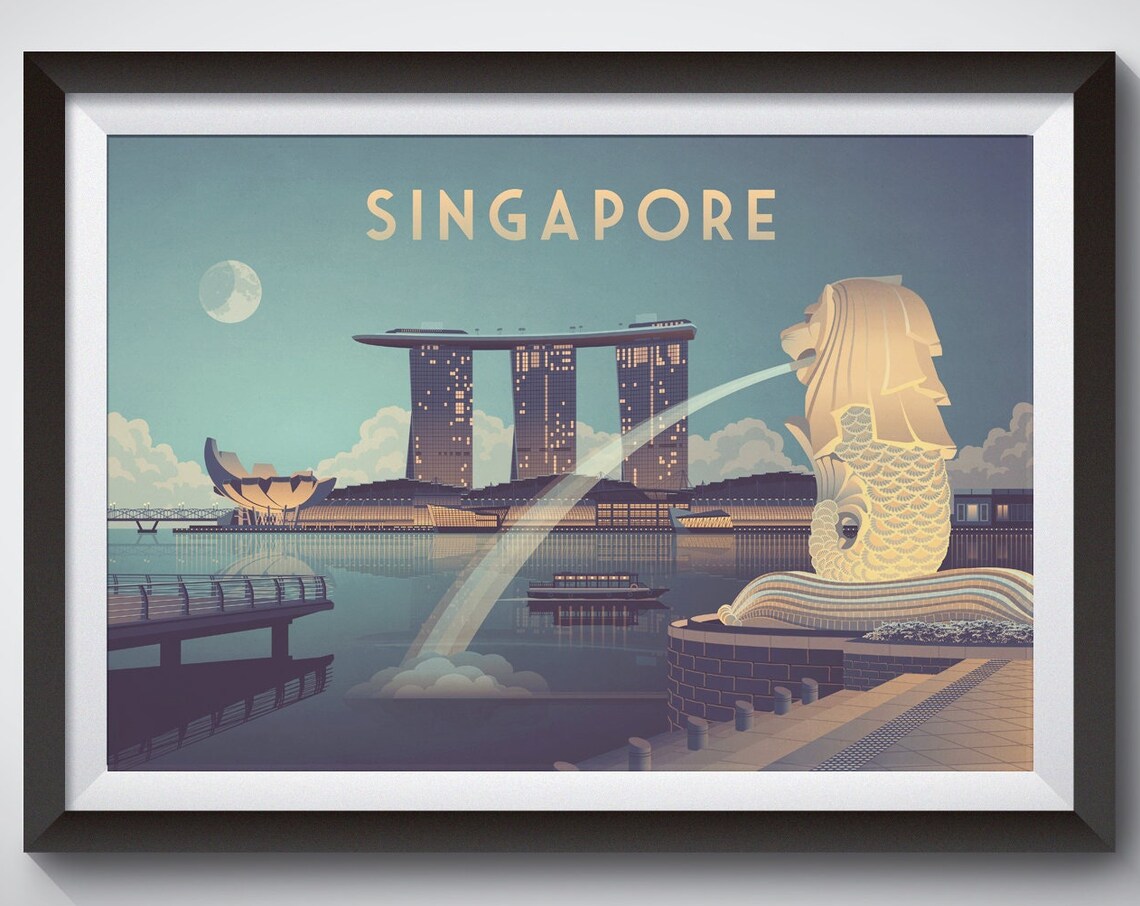 Singapore Travel Poster, Vintage Skyline Travel Poster