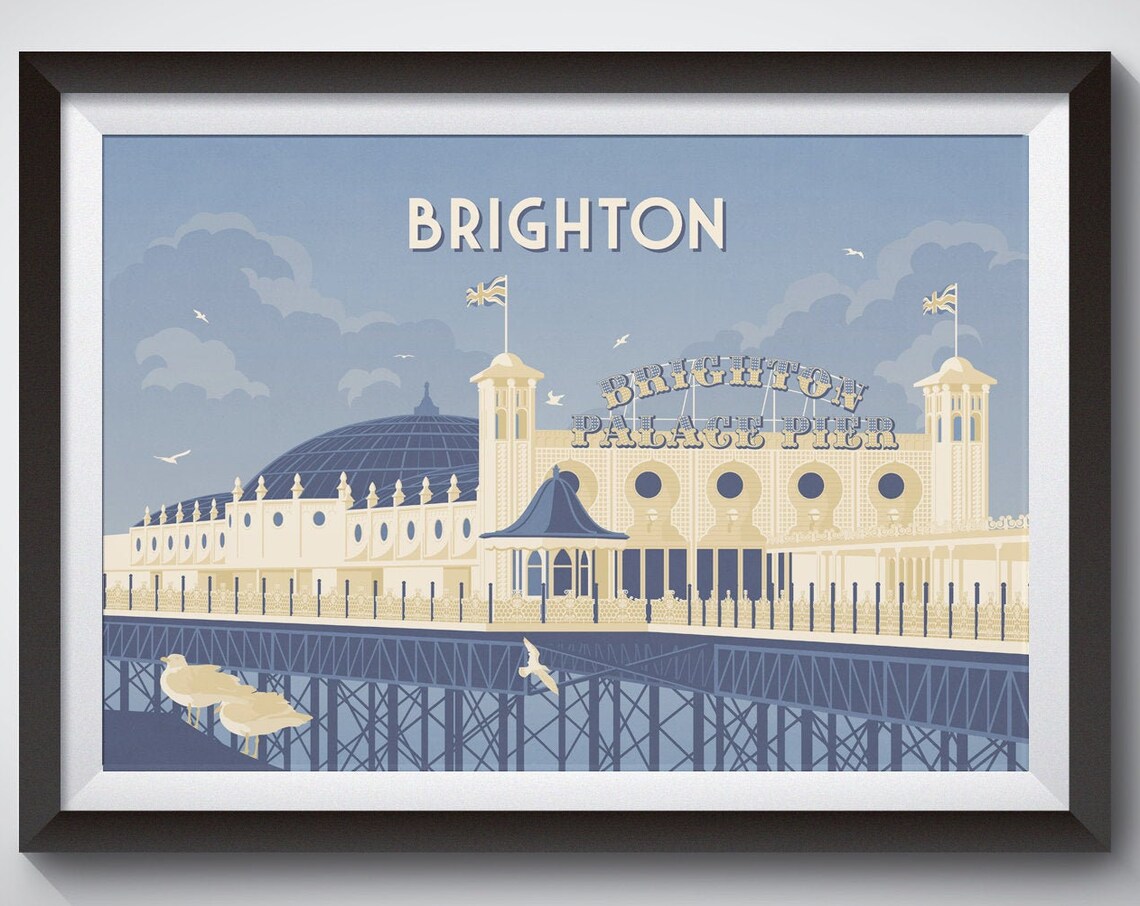 Brighton England Palace Pier Seafront Vintage Seaside Travel Poster