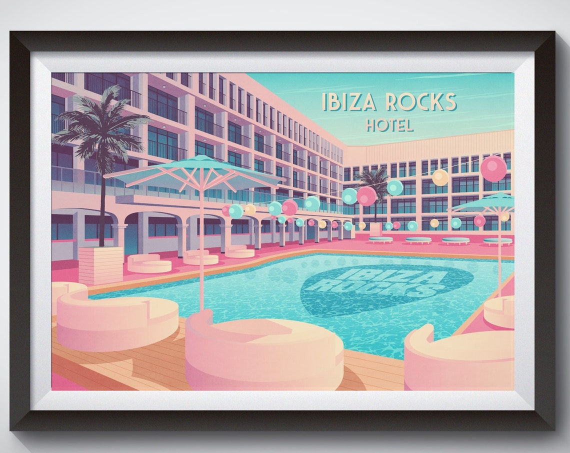 Ibiza Rocks Hotel Poster San Antonio Club Paraiso Mediterraneo Ibiza Nightclub Travel Print Space Eden Amnesia Pacha Pool Party Art