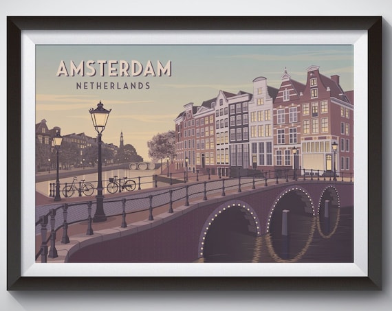 Amsterdam Vintage Travel Poster, Netherlands City Print