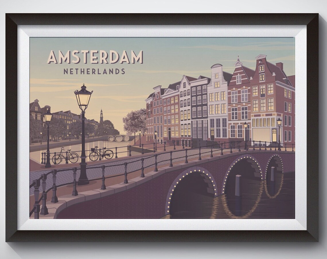 Amsterdam Vintage Travel Poster, Netherlands City Print