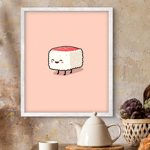 Smiling Sushi Roll Kawaii Cute Kitchen Japanese Food Art Poster